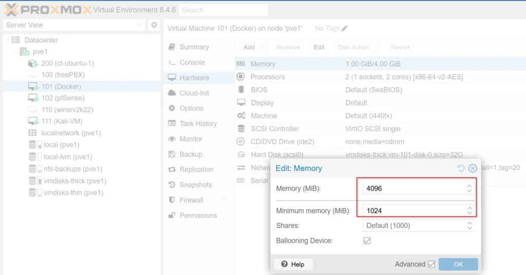 Screenshot of Proxmox VM config showing memory: 4096 and balloon: 1024