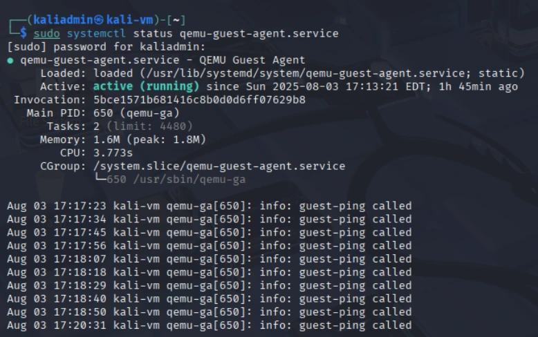 systemctl status qemu-guest-agent showing active service in Kali Linux