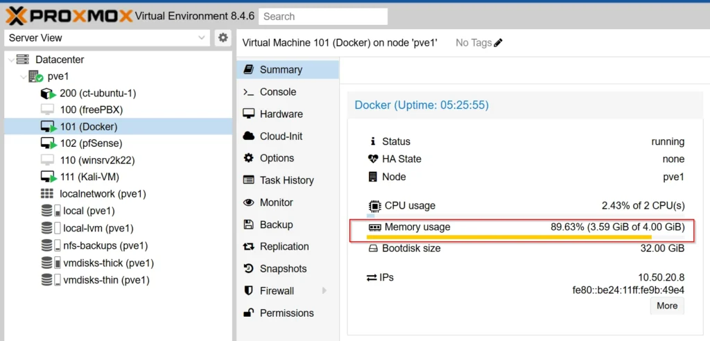 memory summary tab