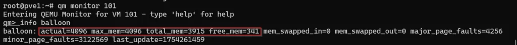 Terminal output of info balloon showing actual, total, free memory