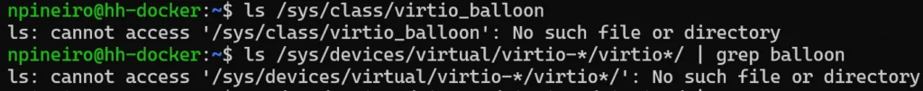 Screenshot of /sys/class/virtio_balloon missing inside the Ubuntu guest